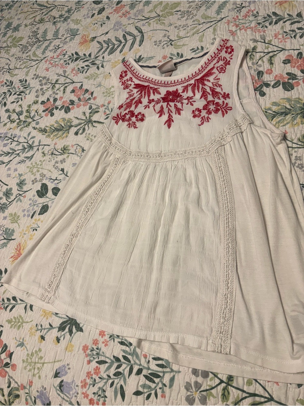 Knox Rose White Sleeveless Tank with Red Floral Embroidery